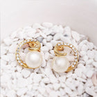Rose Gold Platinum Plated Earrings Stud Pearl AAA Zirconia Push Back .64" L295