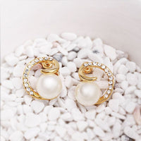 Rose Gold Platinum Plated Earrings Stud Pearl AAA Zirconia Push Back .64" L295