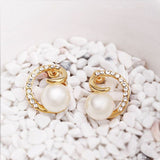 Rose Gold Platinum Plated Earrings Stud Pearl AAA Zirconia Push Back .64" L295