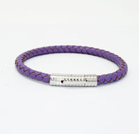 Unisex Men's Genuine  Leather Stainless Steel Magnetic Clasp Bracelet Purple