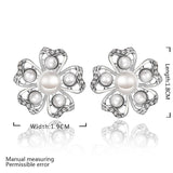 Rose Gold Platinum Plated Earrings Pearl AAA Zirconia Push Back Flower .76" L326