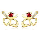 Rose Gold Platinum Plated Red Earrings Stud AAA Zirconia Push Back Bow .44" L233