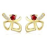 Rose Gold Platinum Plated Red Earrings Stud AAA Zirconia Push Back Bow .44" L233