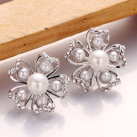 Rose Gold Platinum Plated Earrings Pearl AAA Zirconia Push Back Flower .76" L326