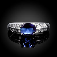 Sterling Silver Plated Birthstone Halo Fashion Ring Blue AAA Zirconia Women B411