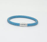 Unisex Men's Genuine  Leather Stainless Steel Magnetic Clasp Bracelet Light Blue