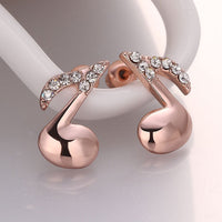 Rose Gold  Plated Earrings Stud AAA Zirconia Push Back Music Note .4" L318