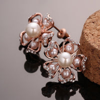 Rose Gold Platinum Plated Earrings Pearl AAA Zirconia Push Back Flower .76" L326