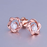 Rose Gold Platinum Plated Earrings Stud AAA Zirconia Push Back Rose .44" L283
