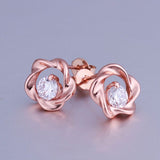 Rose Gold Platinum Plated Earrings Stud AAA Zirconia Push Back Rose .44" L283