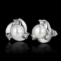Rose Gold Platinum Plated  Earrings Stud Pearl AAA Zirconia Push Back .4" L260