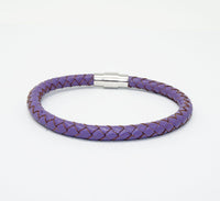 Unisex Men's Genuine  Leather Stainless Steel Magnetic Clasp Bracelet Purple