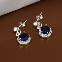 Sterling Silver Plated Blue Earrings Drop Dangle AAA Zirconia Push Back .4" L352