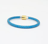 Unisex Men's Genuine  Leather Stainless Steel Magnetic Clasp Bracelet Light Blue