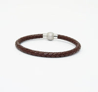 Unisex Men's Genuine Leather Stainless Steel Magnetic Clasp Bracelet Brown