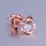Rose Gold Platinum Plated Earrings Stud AAA Zirconia Push Back Rose .44" L283