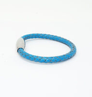 Unisex Men's Genuine  Leather Stainless Steel Magnetic Clasp Bracelet Light Blue