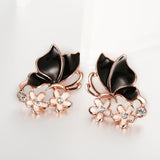 Rose Gold Platinum Plated Black Earrings Zirconia Push Back Butterfly .68" L303