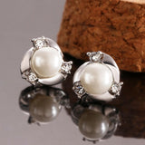 Rose Gold Platinum Plated  Earrings Stud Pearl AAA Zirconia Push Back .4" L260