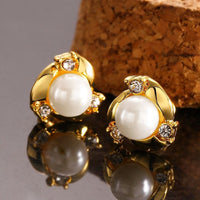 Rose Gold Platinum Plated  Earrings Stud Pearl AAA Zirconia Push Back .4" L260