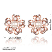 Rose Gold Platinum Plated Earrings Pearl AAA Zirconia Push Back Flower .76" L326