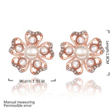 Rose Gold Platinum Plated Earrings Pearl AAA Zirconia Push Back Flower .76" L326