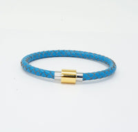 Unisex Men's Genuine  Leather Stainless Steel Magnetic Clasp Bracelet Light Blue