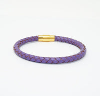 Unisex Men's Genuine  Leather Stainless Steel Magnetic Clasp Bracelet Purple