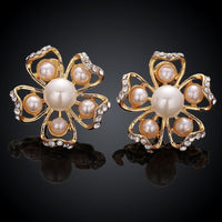 Rose Gold Platinum Plated Earrings Pearl AAA Zirconia Push Back Flower .76" L326