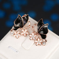 Rose Gold Platinum Plated Black Earrings Zirconia Push Back Butterfly .68" L303