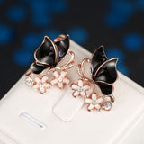 Rose Gold Platinum Plated Black Earrings Zirconia Push Back Butterfly .68" L303