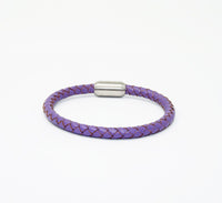 Unisex Men's Genuine  Leather Stainless Steel Magnetic Clasp Bracelet Purple