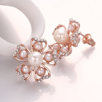 Rose Gold Platinum Plated Earrings Pearl AAA Zirconia Push Back Flower .76" L326