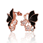 Rose Gold Platinum Plated Black Earrings Zirconia Push Back Butterfly .68" L303