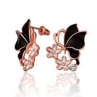 Rose Gold Platinum Plated Black Earrings Zirconia Push Back Butterfly .68" L303