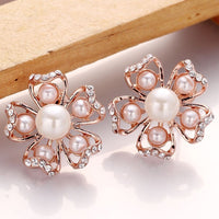 Rose Gold Platinum Plated Earrings Pearl AAA Zirconia Push Back Flower .76" L326