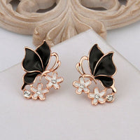 Rose Gold Platinum Plated Black Earrings Zirconia Push Back Butterfly .68" L303