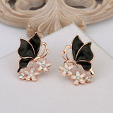 Rose Gold Platinum Plated Black Earrings Zirconia Push Back Butterfly .68" L303