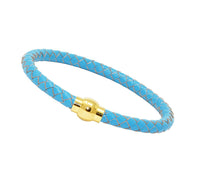 Unisex Men's Genuine  Leather Stainless Steel Magnetic Clasp Bracelet Light Blue