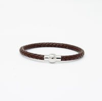 Unisex Men's Genuine Leather Stainless Steel Magnetic Clasp Bracelet Brown