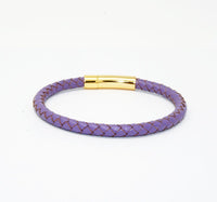 Unisex Men's Genuine  Leather Stainless Steel Magnetic Clasp Bracelet Purple