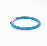 Unisex Men's Genuine  Leather Stainless Steel Magnetic Clasp Bracelet Light Blue