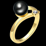 Gold Plated Solitaire Ring Black Glass Pearl For Women B160