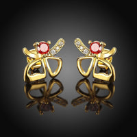 Rose Gold Platinum Plated Red Earrings Stud AAA Zirconia Push Back Bow .44" L233