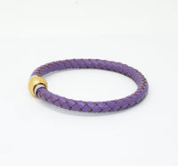 Unisex Men's Genuine  Leather Stainless Steel Magnetic Clasp Bracelet Purple