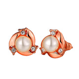 Rose Gold Platinum Plated  Earrings Stud Pearl AAA Zirconia Push Back .4" L260