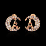 Rose Gold Platinum Plated Earrings Stud AAA Zirconia Push Back Moon .48" L311