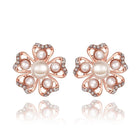 Rose Gold Platinum Plated Earrings Pearl AAA Zirconia Push Back Flower .76" L326