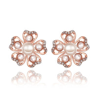 Rose Gold Platinum Plated Earrings Pearl AAA Zirconia Push Back Flower .76" L326