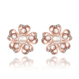 Rose Gold Platinum Plated Earrings Pearl AAA Zirconia Push Back Flower .76" L326